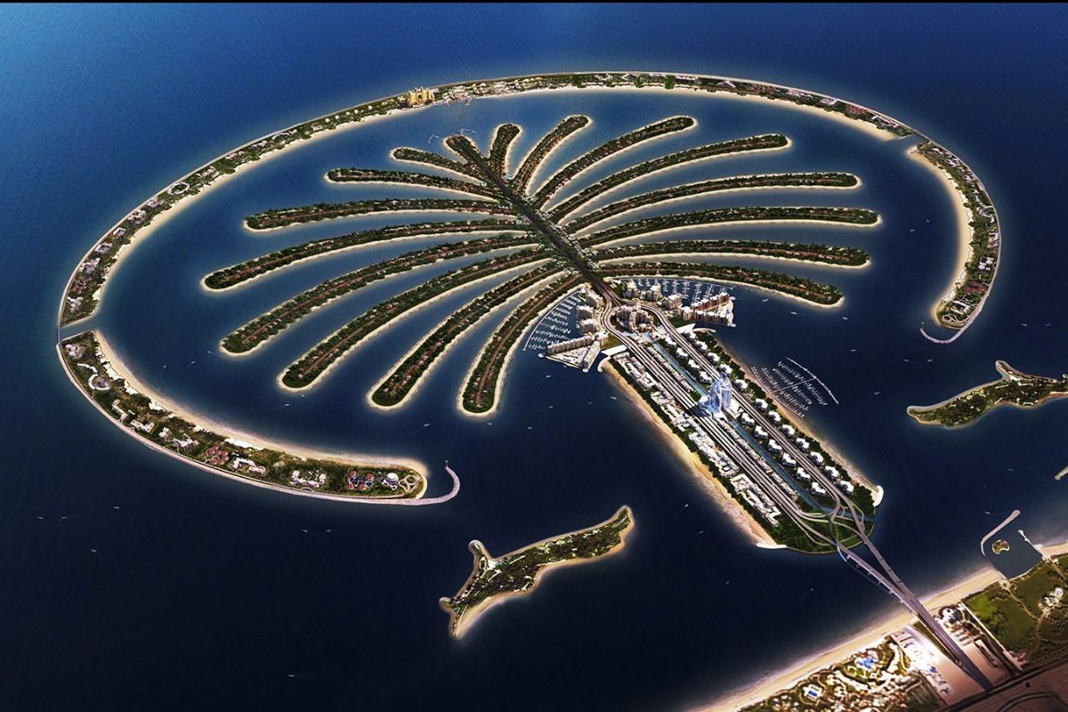 “Kỳ quan” Palm Jumeirah có hình dạng như một thân cây, tỏa ra 16 nhánh lá cọ, có thể nhìn thấy từ mặt trăng